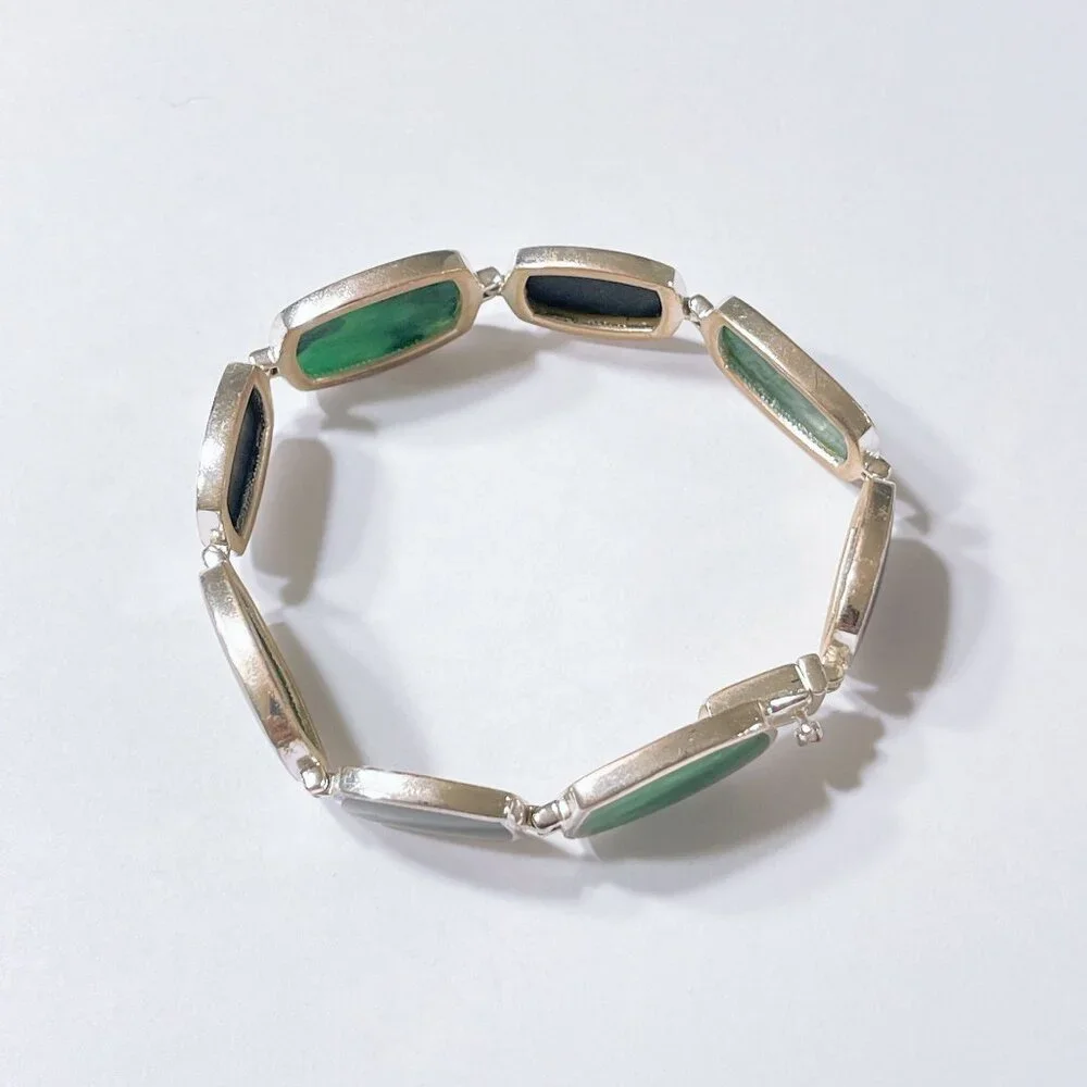 Sterling Silver Green & Black Stone Link Bracelet - Picture 5 of 9